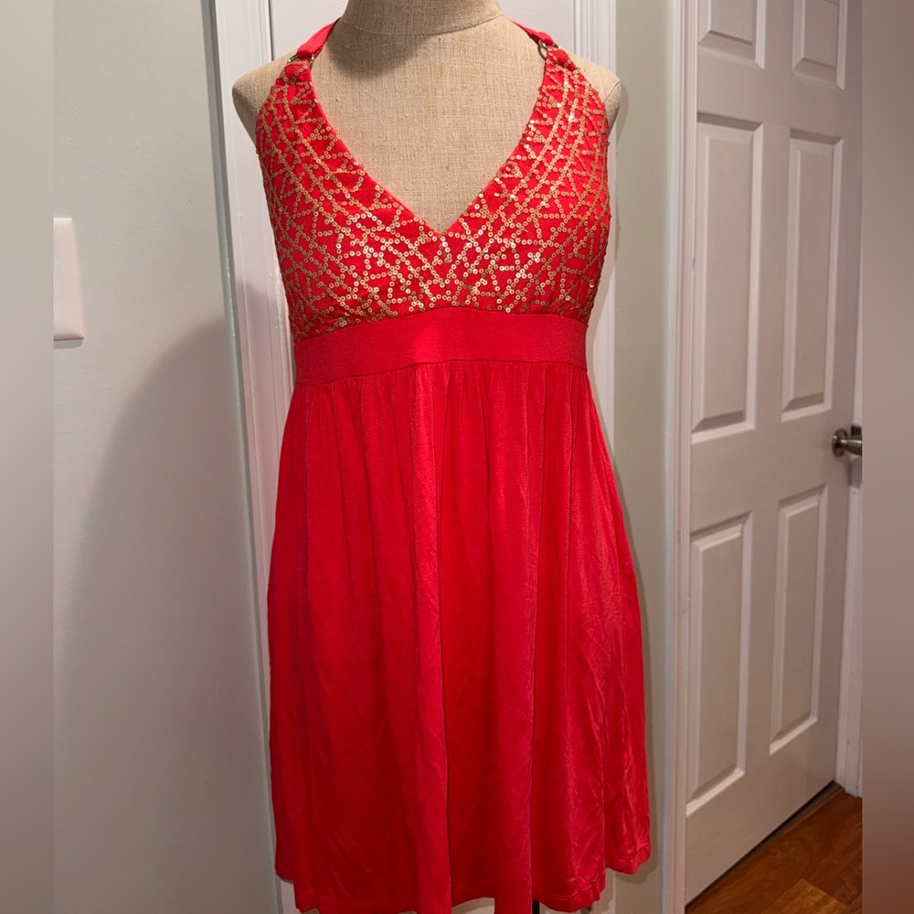 Bebe Y2K 90s vacation Orange halter Dress with Sequin Detail and gold hardware